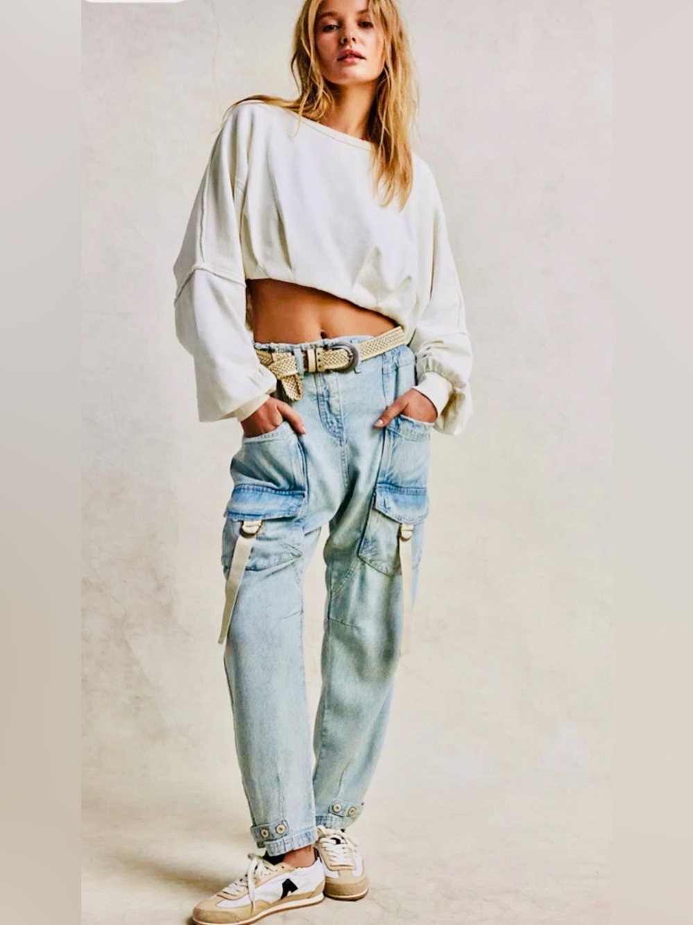 Urban Soft Light Wash Cargo Women Jeans with Utility Straps